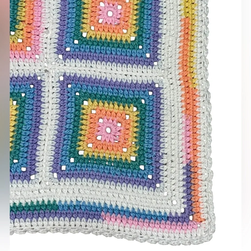 Vintage 70s  Square Granny Afghan Crochet Baby, Chair Blanket  35.5 Inches